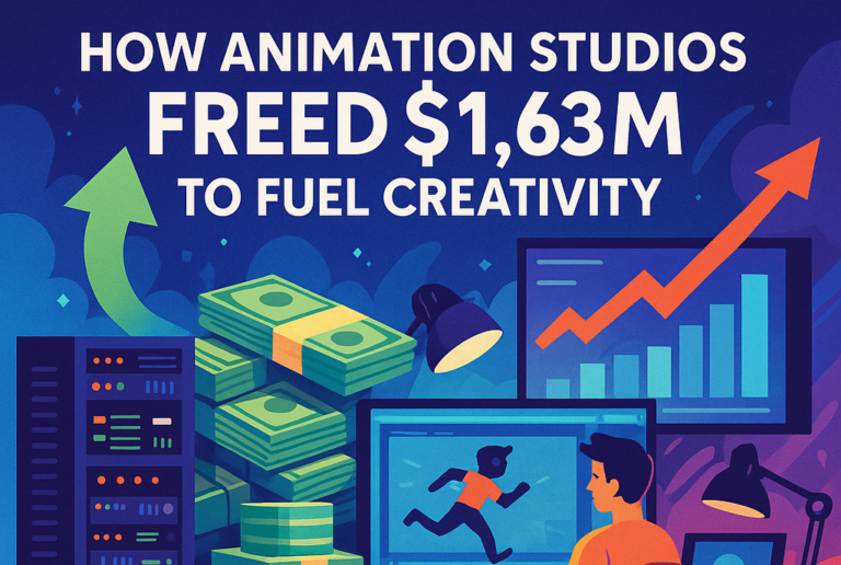 Illustration of an animation studio workspace with a computer rendering scene, a stack of cash marked $1.63 M, and upward-trending charts representing preserved working capital fueled by animation equipment financing