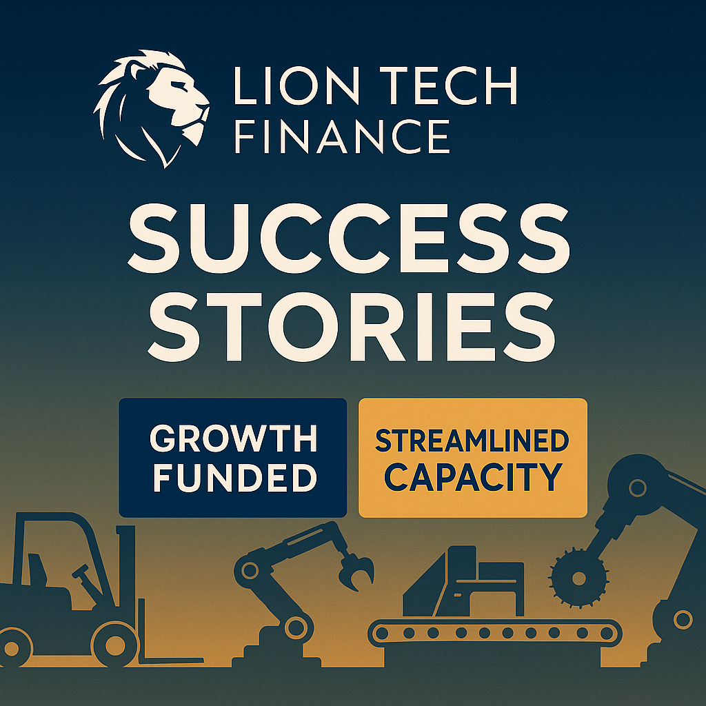 A Lion Tech Finance banner with deep blue-to-gold gradient, equipment silhouettes, and ‘SUCCESS STORIES’ headline