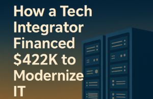 Promotional graphic with blurred data center background overlaid by deep blue-to-gold gradient, headline ‘Zero Capex. Total IT Power.’ and subtext ‘$444K of Next-Gen Hardware, Fully Funded