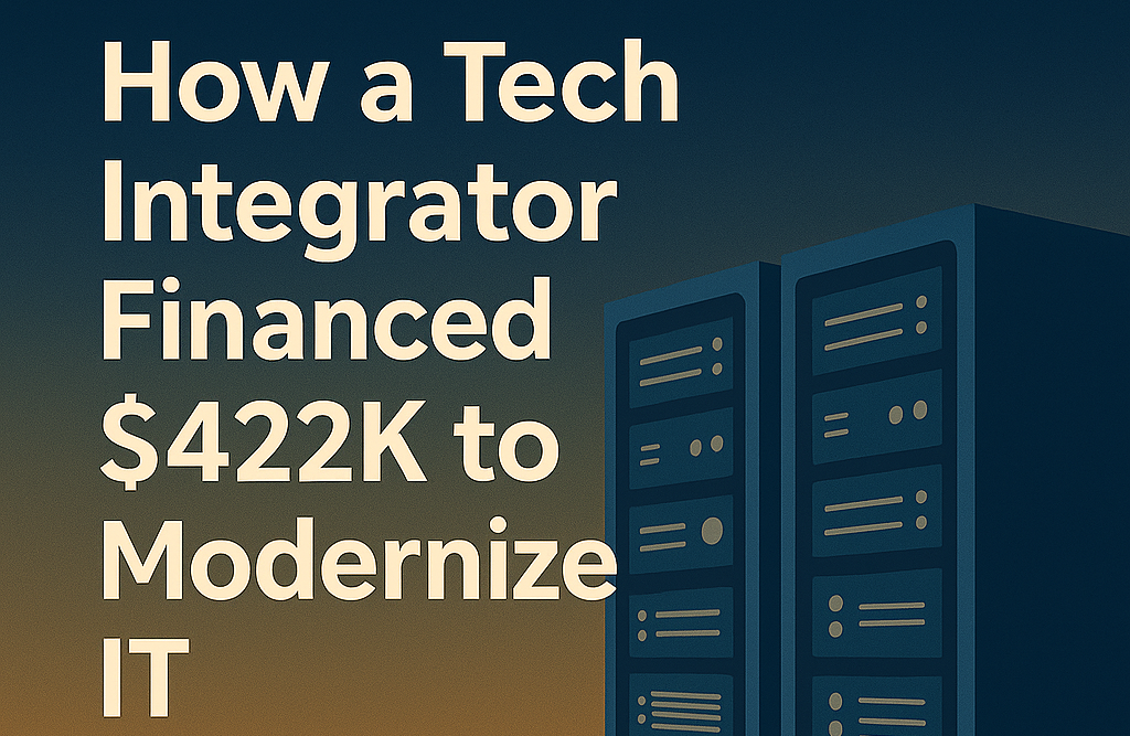 Promotional graphic with blurred data center background overlaid by deep blue-to-gold gradient, headline ‘Zero Capex. Total IT Power.’ and subtext ‘$444K of Next-Gen Hardware, Fully Funded
