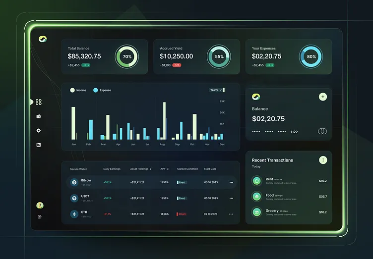 Dark-mode fintech dashboard UI showing realtime embedded finance analytics on equipment leasing platform, ideal for CFO decision-making