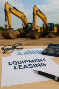 Professional image featuring yellow construction excavators in the background and a desk in the foreground with a document titled "Equipment Leasing," accompanied by bar charts, a calculator, eyeglasses, and a pen — representing the concept of leasing heavy equipment in business finance.